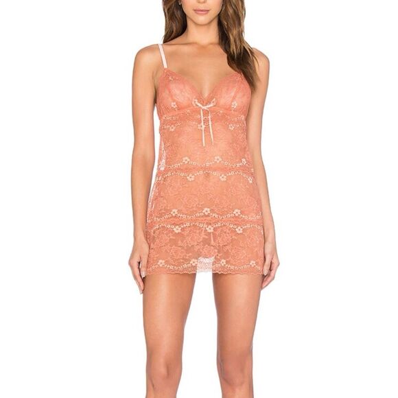 NWOT Eberjey Burnt Sienna Vienna Lace Chemise Lingerine Mini Dress Small - Picture 1 of 10